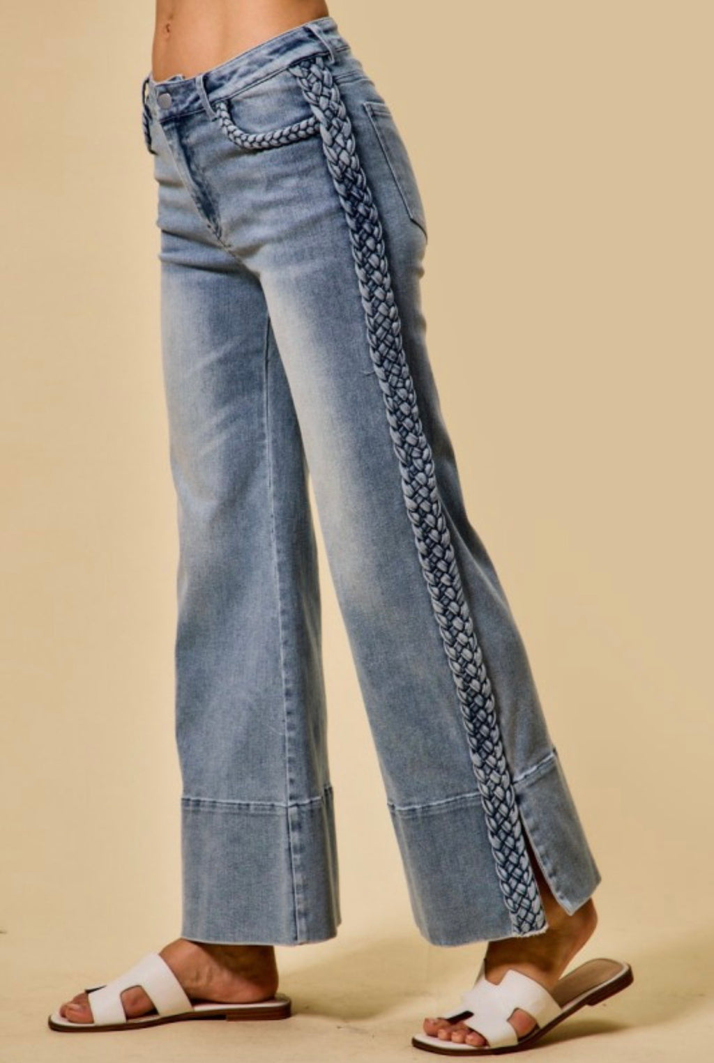 Braided Trim Wide-Leg Jeans