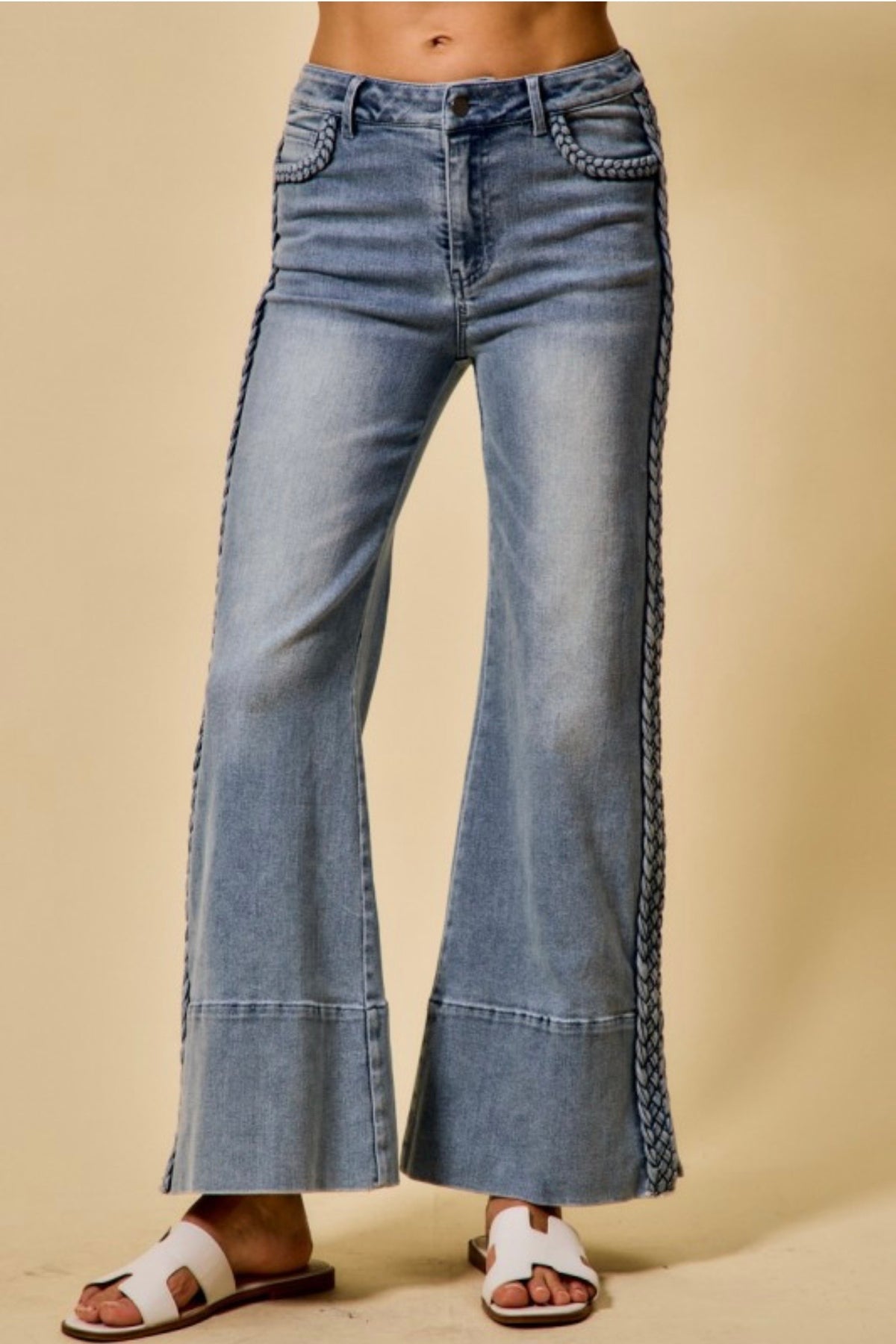 Braided Trim Wide-Leg Jeans detail
