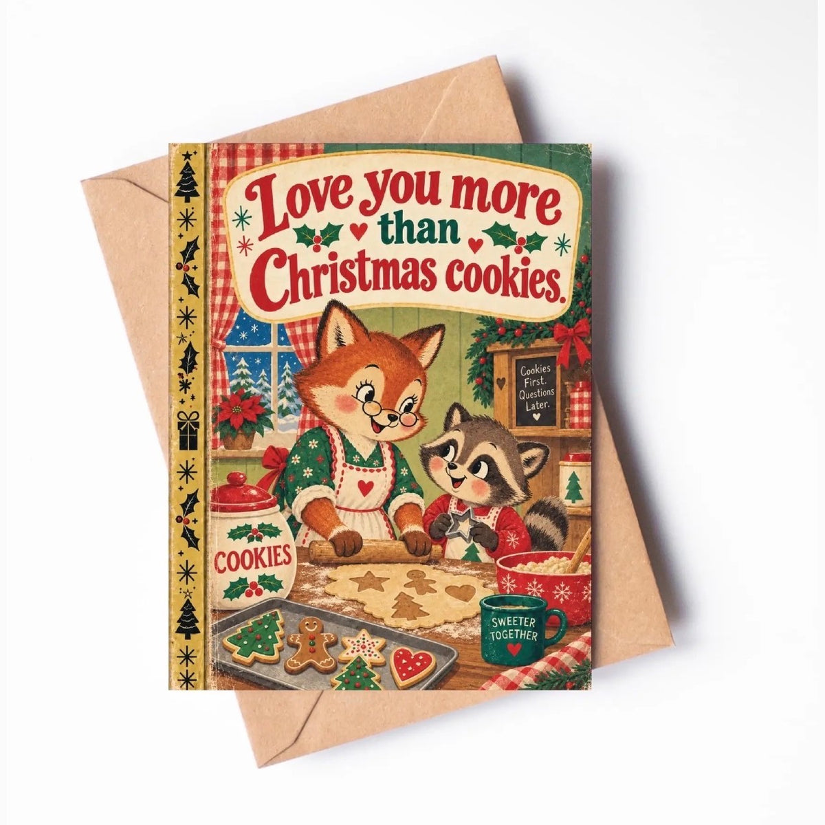 Christmas card: Love you more than Christmas cookies, fox and raccoon baking
