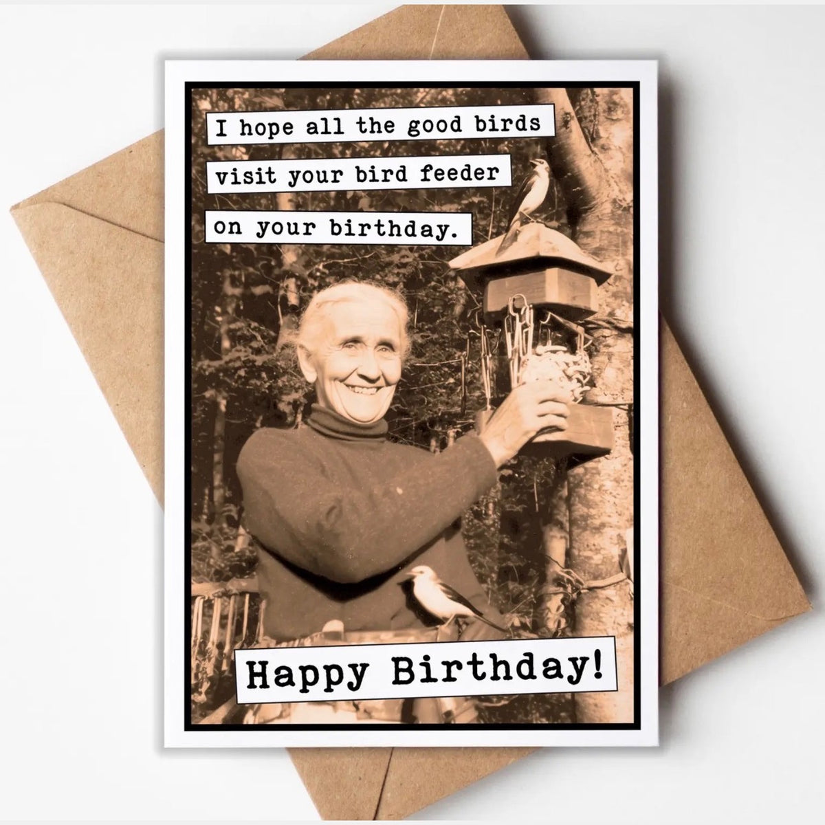 Vintage birthday card: I hope all the good birds visit your bird feeder on your birthday