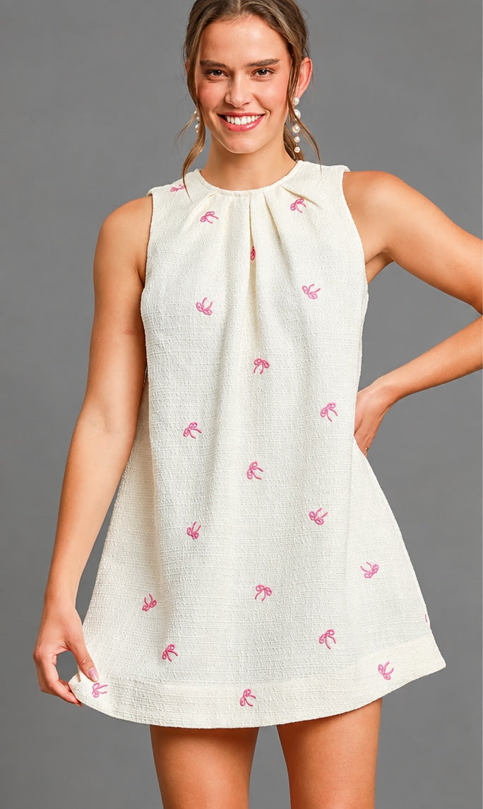 Cream Bow-Embroidered Tweed Shift Dress front