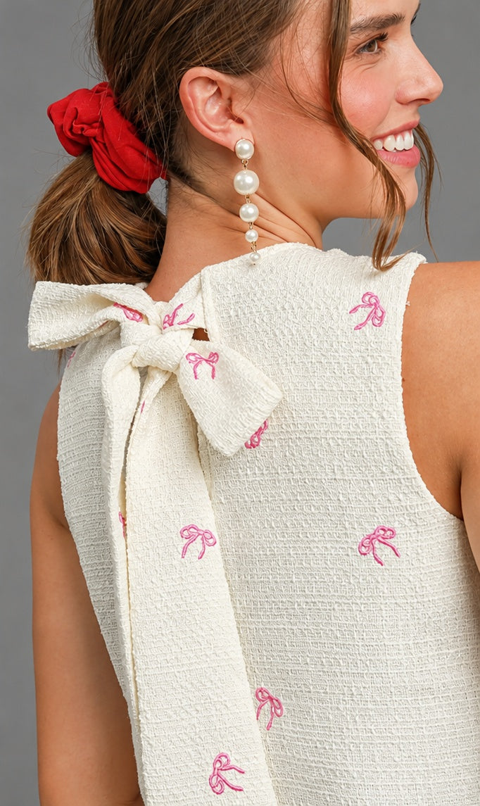 Cream Bow-Embroidered Tweed Shift Dress back