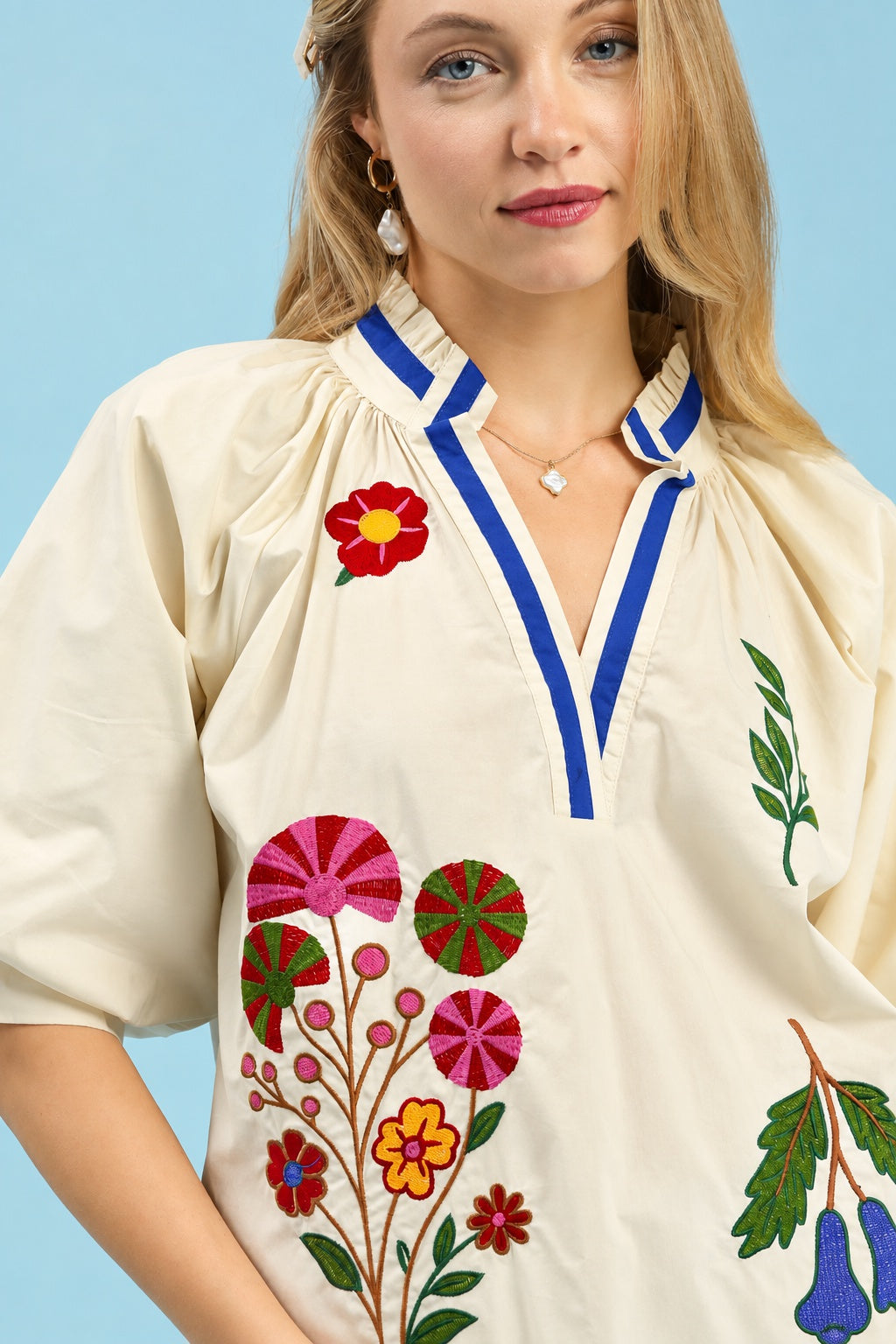 Ecru Floral Embroidered Popover Top