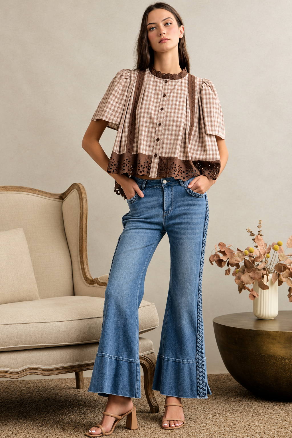 Gingham Eyelet-Trim Crop Top