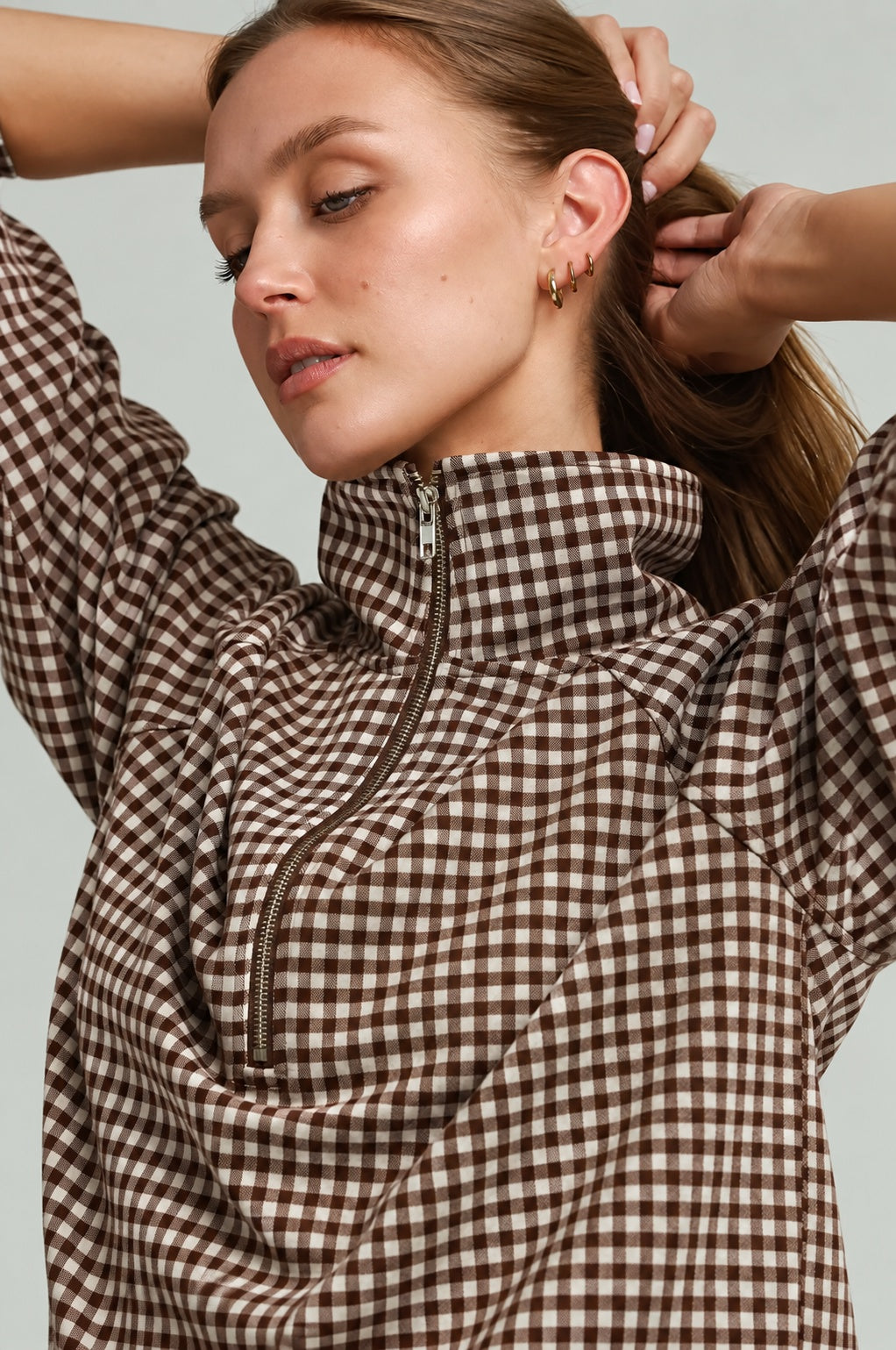 Brown Gingham Half-Zip Pullover Top neck detail