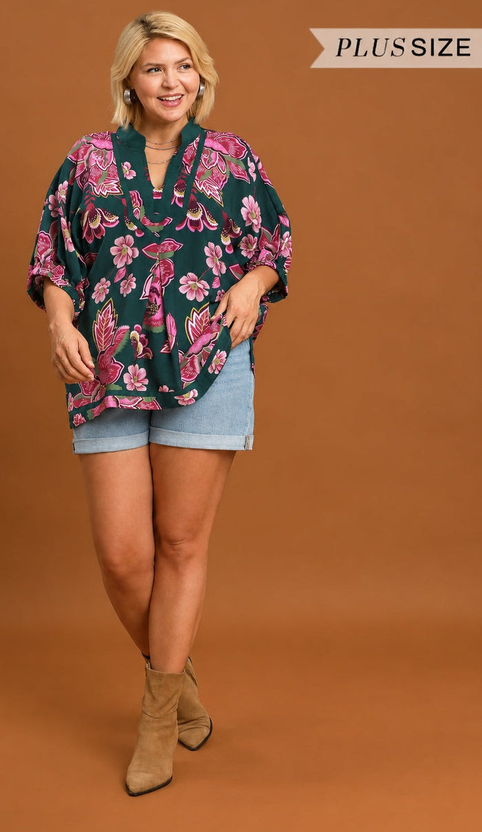 Hunter Green Floral Kimono Top front