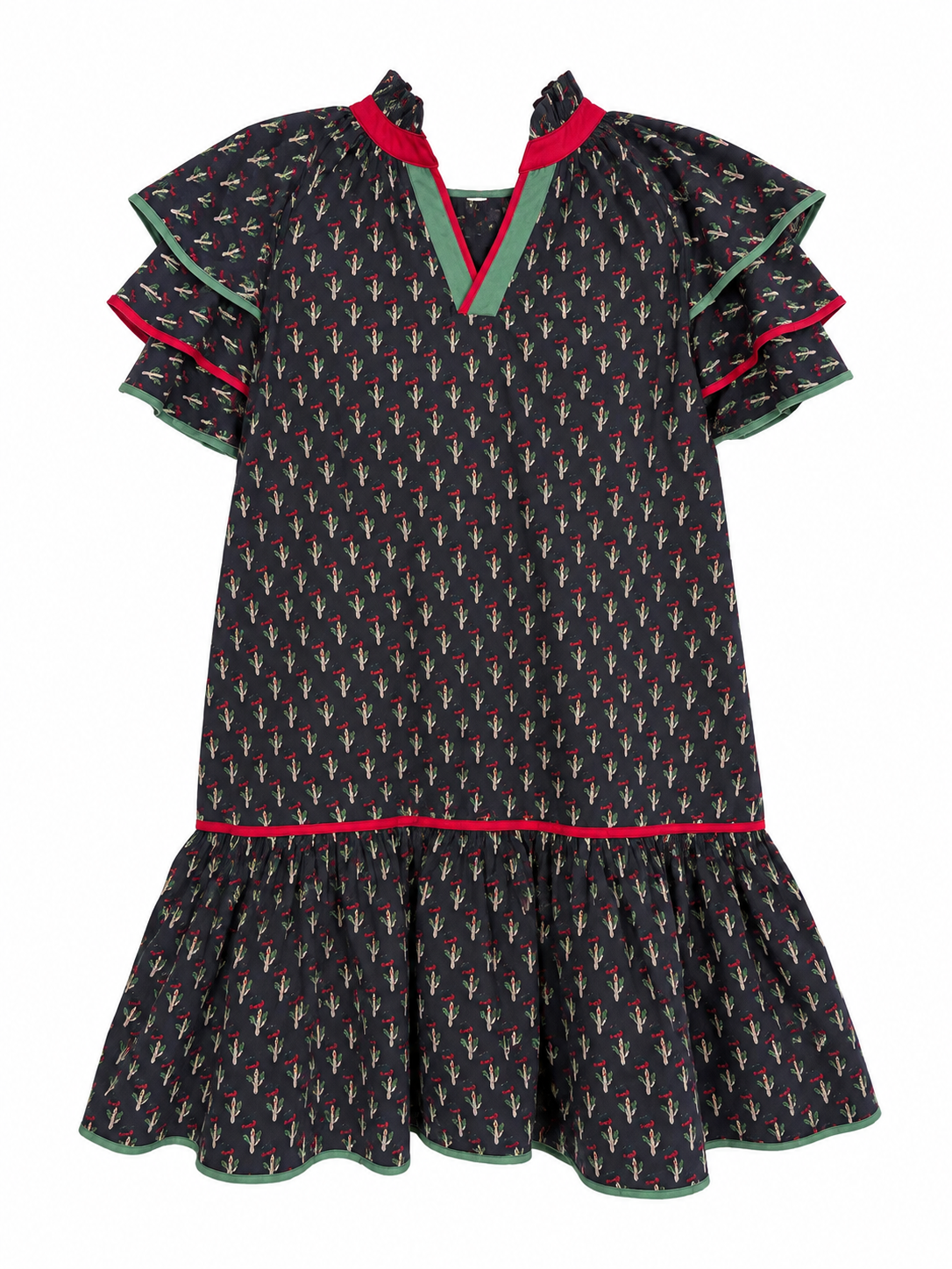 Navy Cactus Print Ruffle-Sleeve Dress front