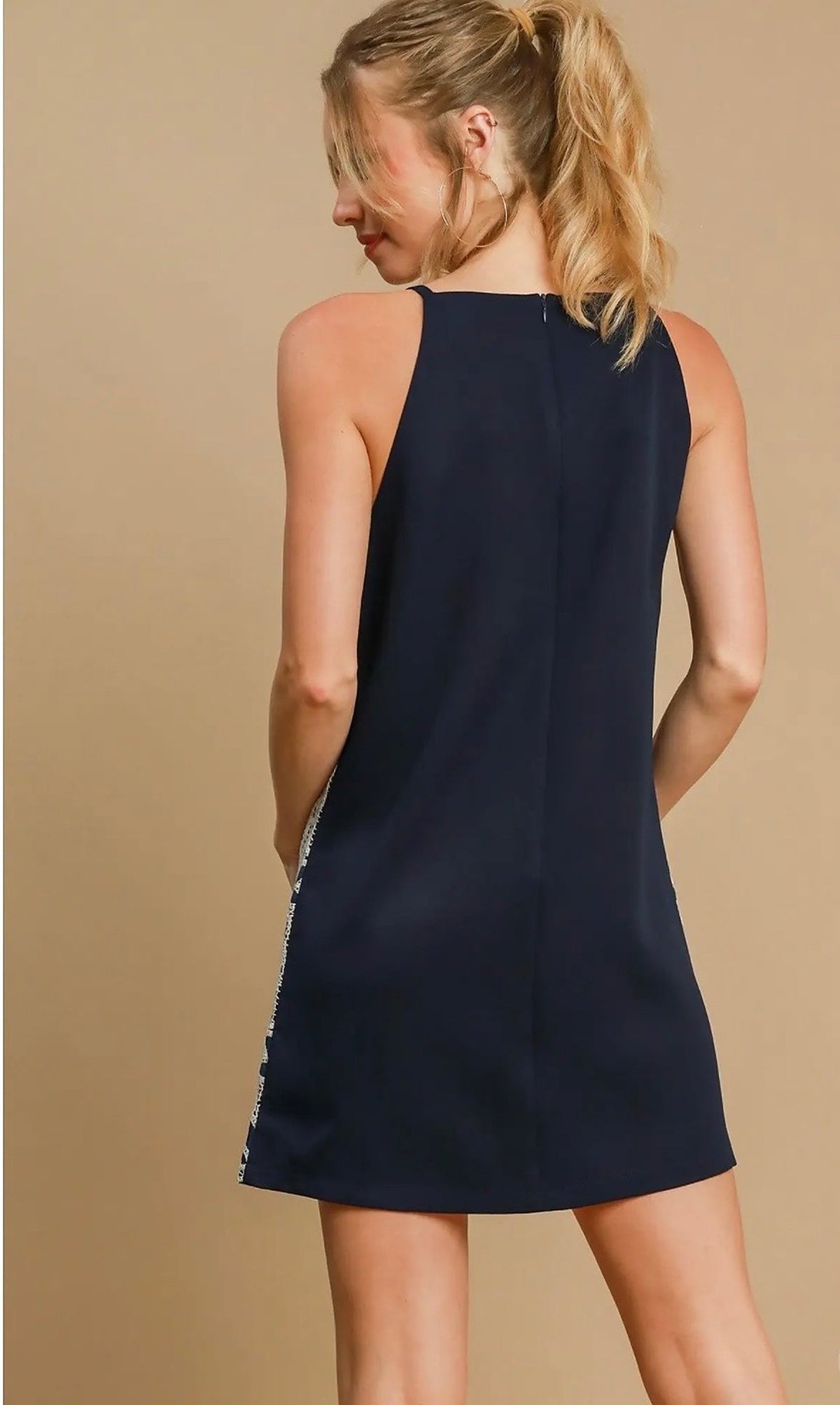Navy & Tan Crochet Lace Mini Dress back