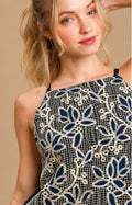 Navy & Tan Crochet Lace Mini Dress front closeup