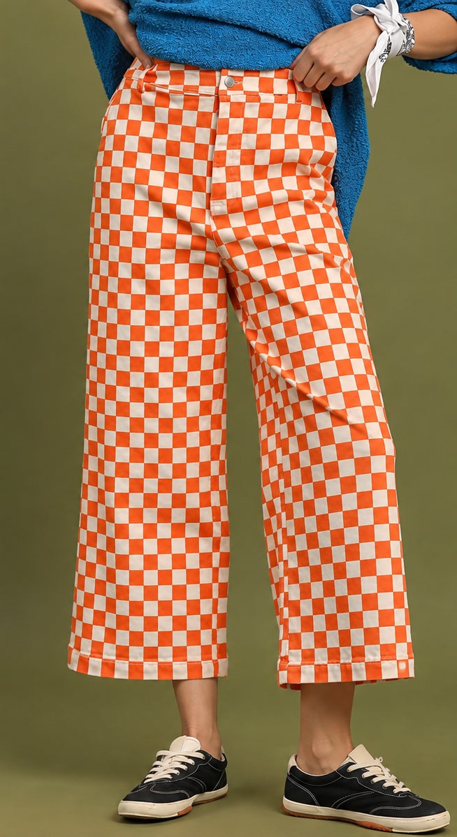Orange Checkerboard Wide-Leg Pants front