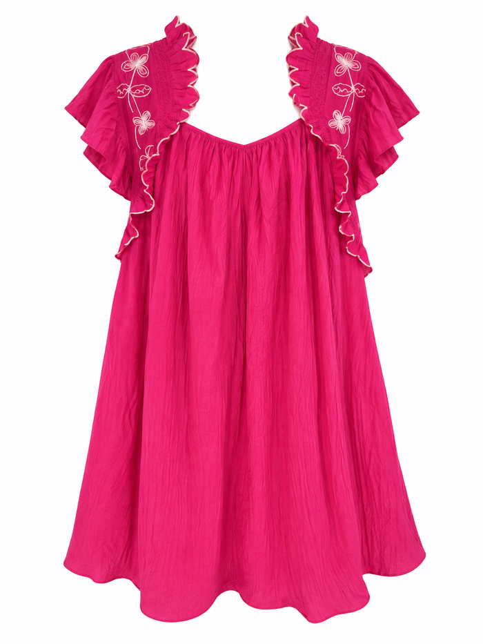 Fuchsia Ruffle-Shoulder Embroidered Dress front