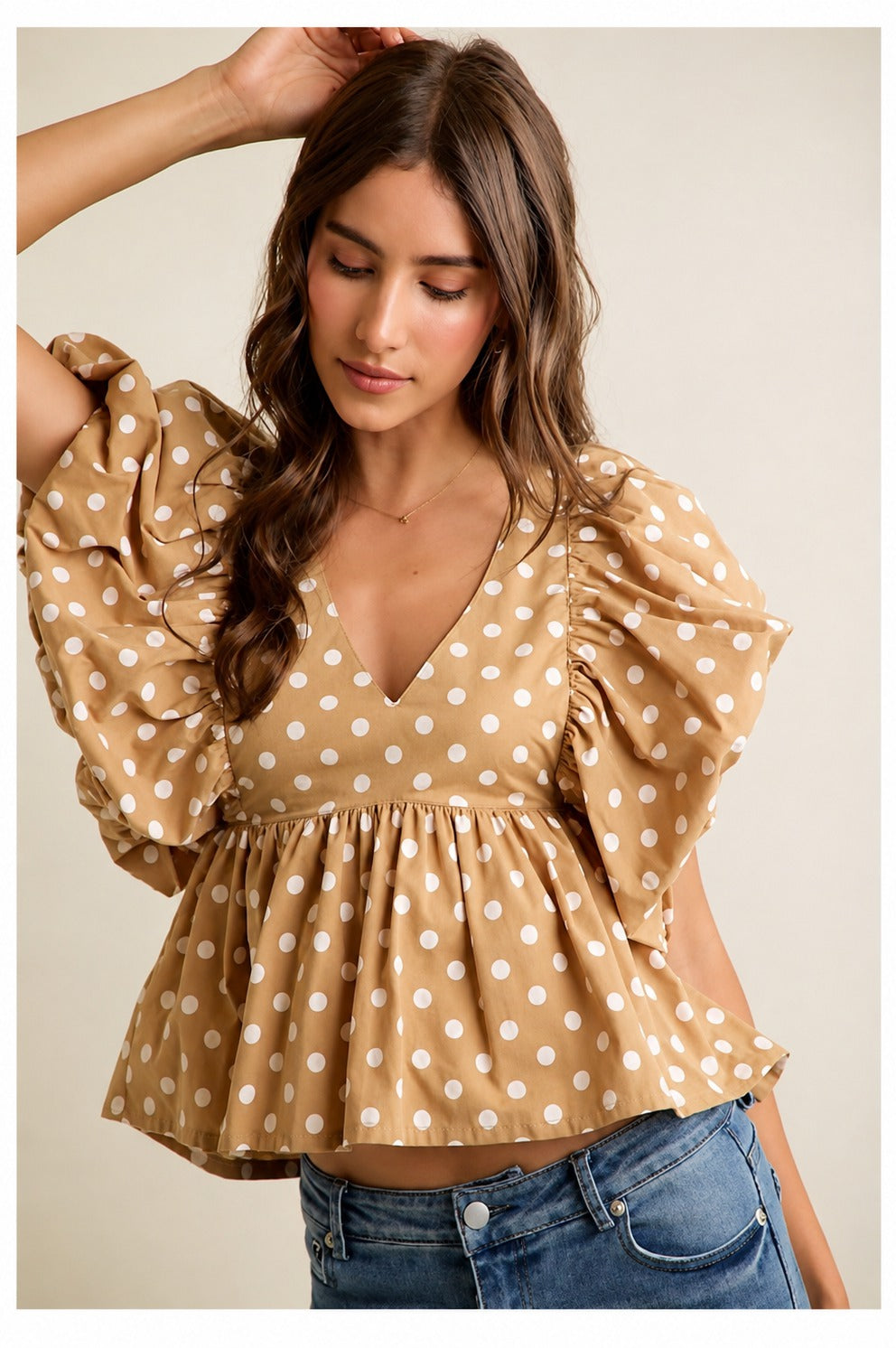 Polka Dot Balloon-Sleeve Top