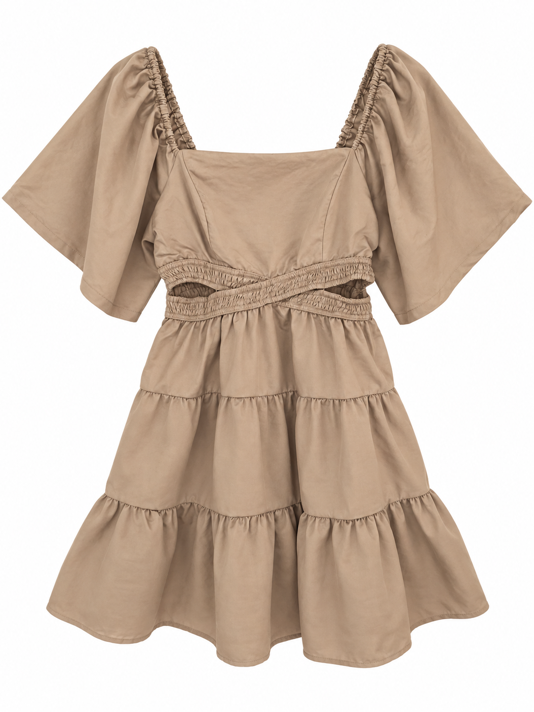 Tan Cutout-Waist Tiered Mini Dress front