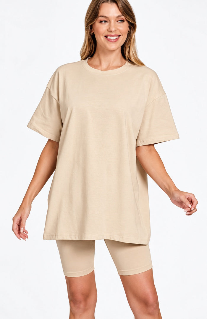 Oversized Tee & Bike Shorts Set Plus Size Sand Beige