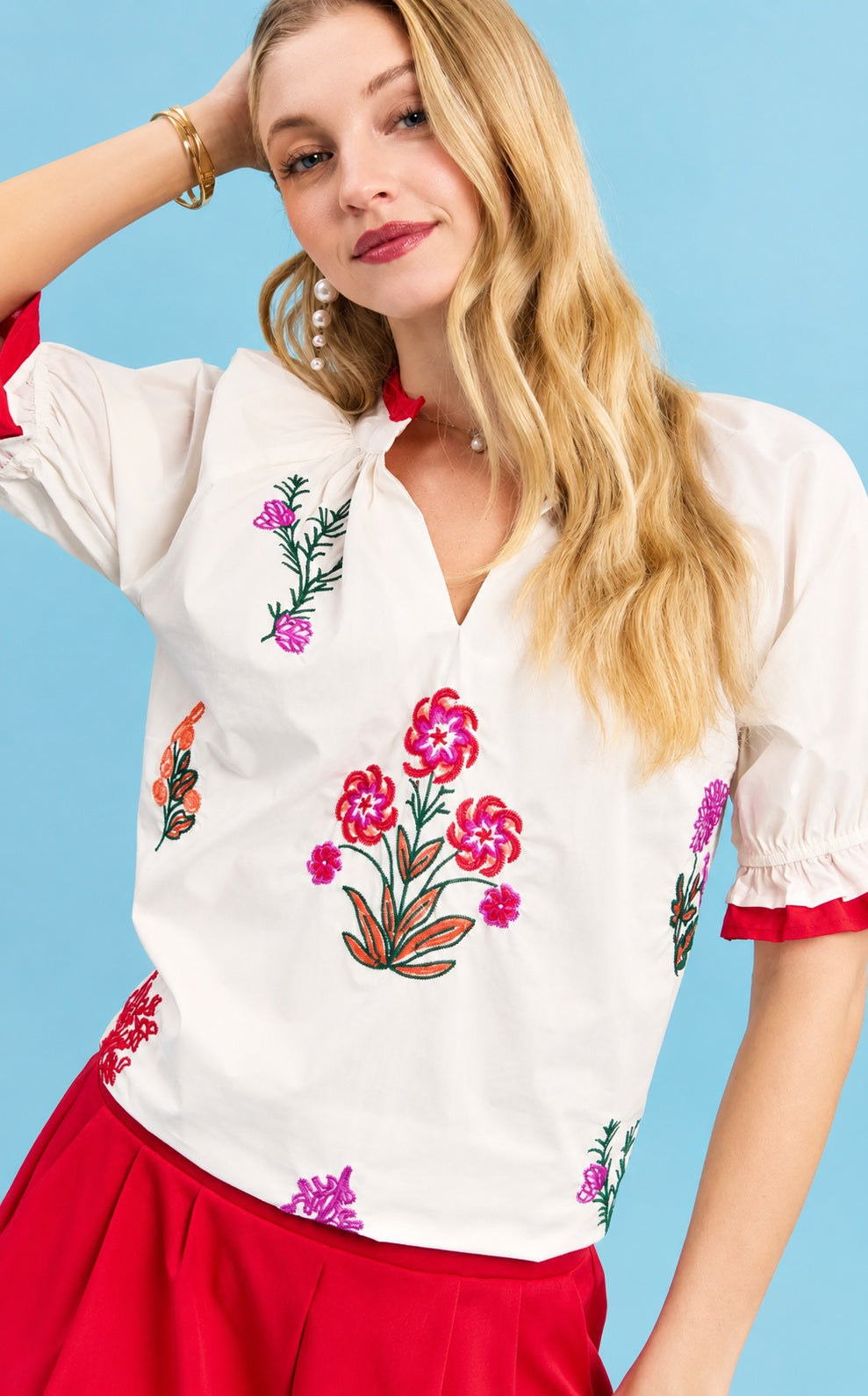 White Floral Embroidered Popover Top